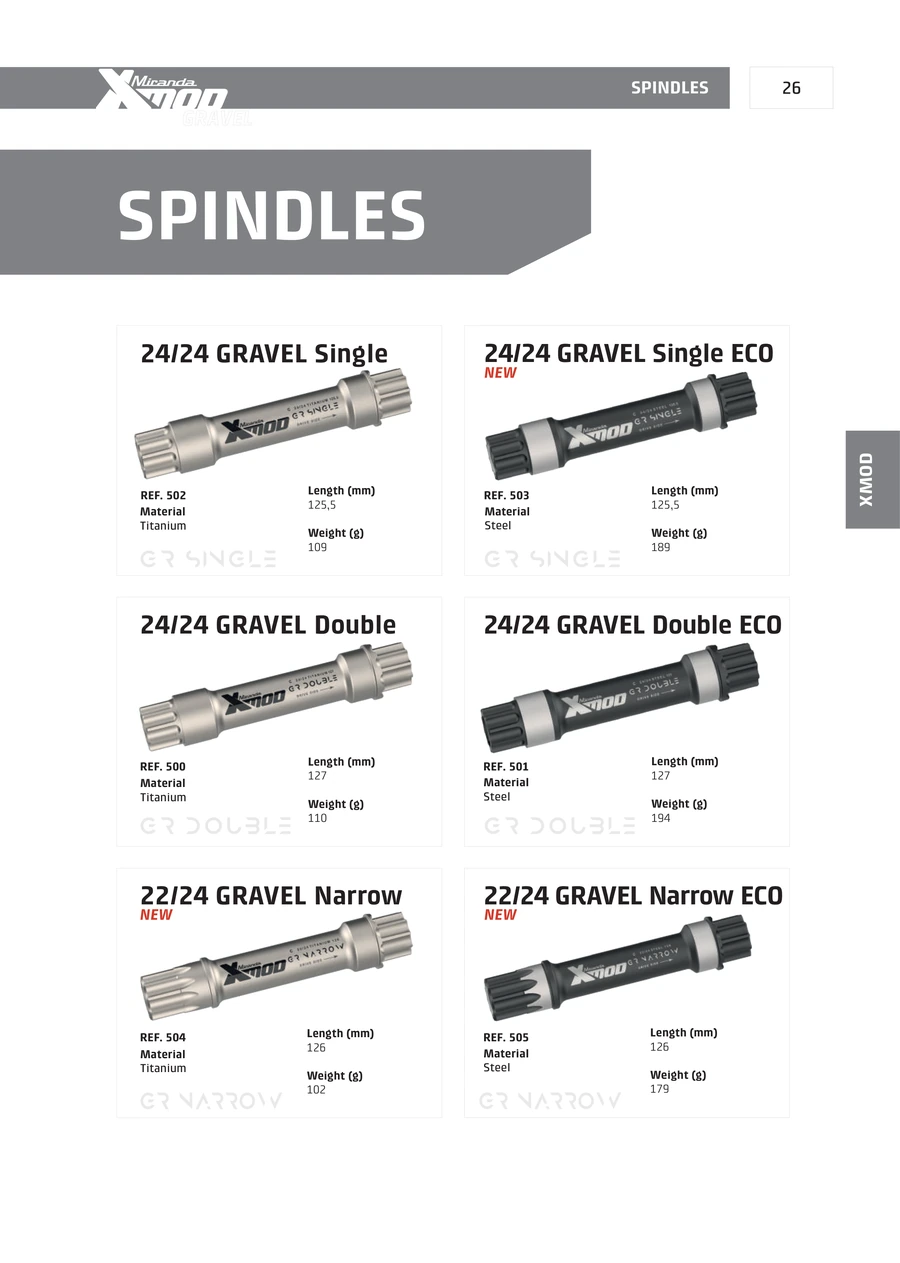 Road & gravel spindle dimensions — original dimensioned reference from the Miranda 2026 catalogue